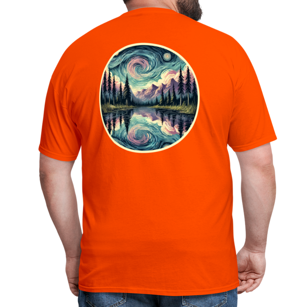 Purple Swirling Sky Reflected on Lake Graphic Unisex Classic T-Shirt with Logo - orange