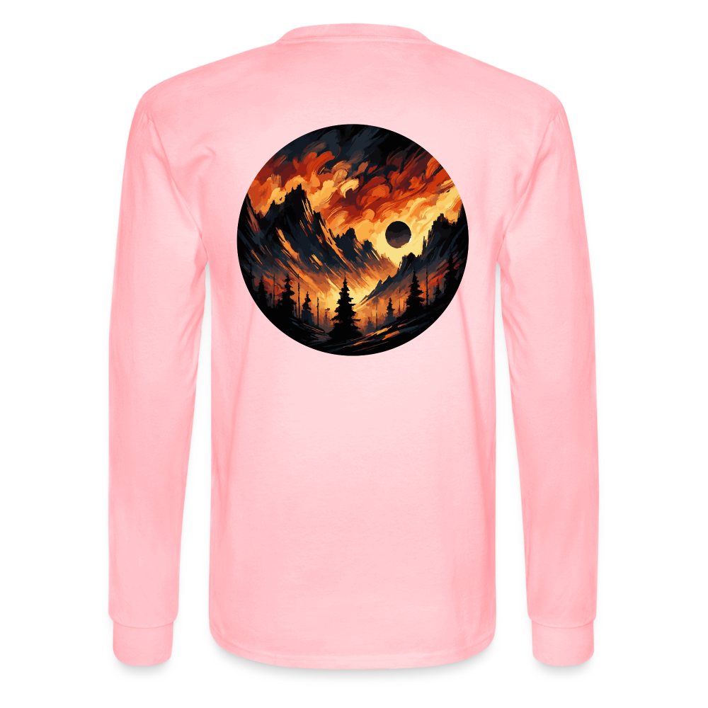 Men's Brushed Orange and Black Mountain Range Graphic Long Sleeve Shirt with Logo - pink