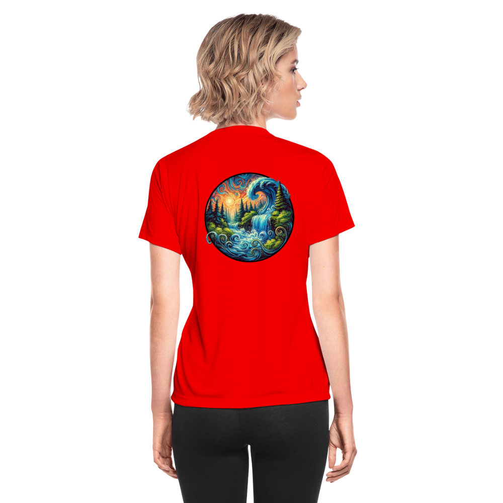 Women's Waterfall Graphic Moisture Wicking Performance T-Shirt with Logo - red