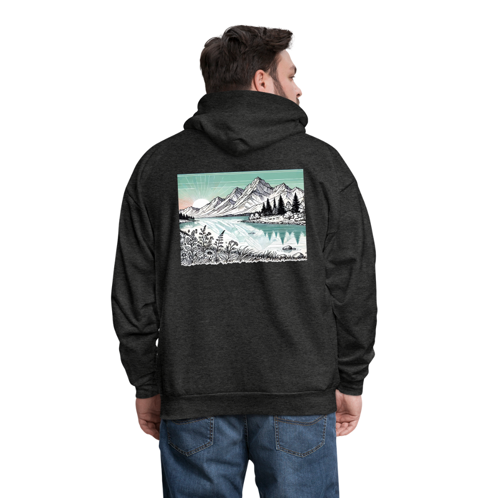 Men's Colored Mountain Lake Landscape Graphic Hoodie with Logo - charcoal grey