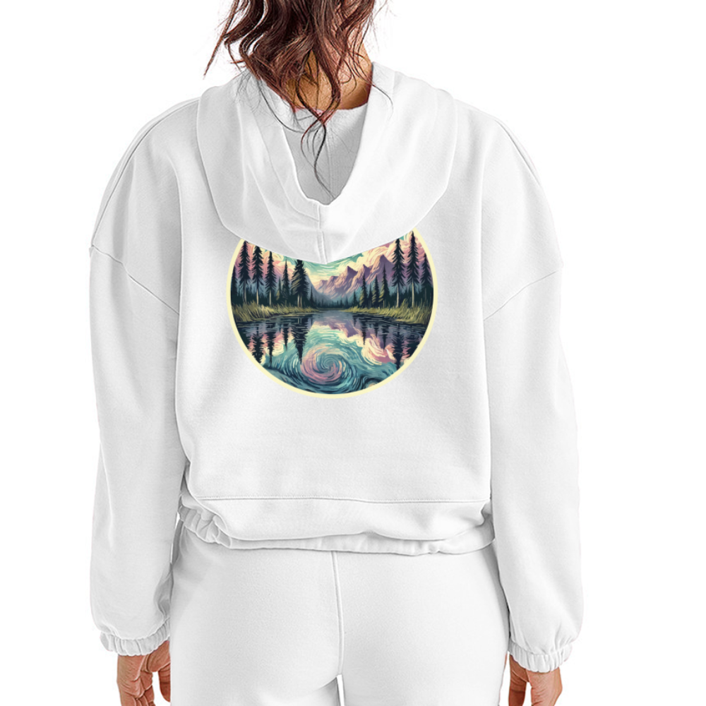 Women’s Purple Swirling Sky Reflected on Lake Graphic Cropped Hoodie with Logo - white