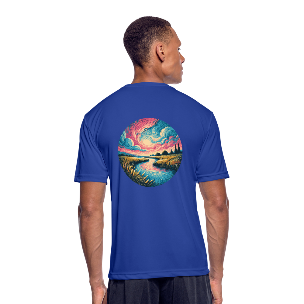 Men’s River Pink and Blue Sky Graphic Moisture Wicking Performance T-Shirt with Logo - royal blue