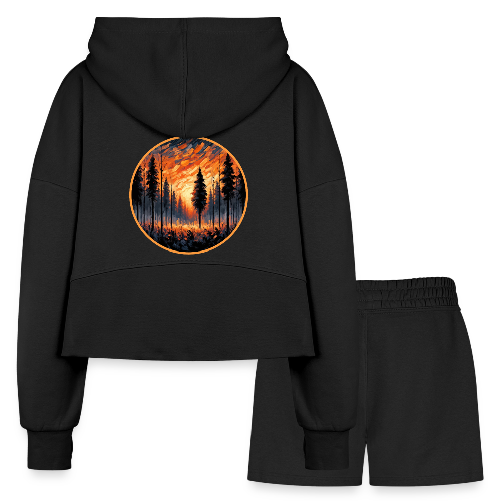 Women’s Orange Forest Sunset Graphic Half Zip Cropped Hoodie & Jogger Short Set with Logo - black