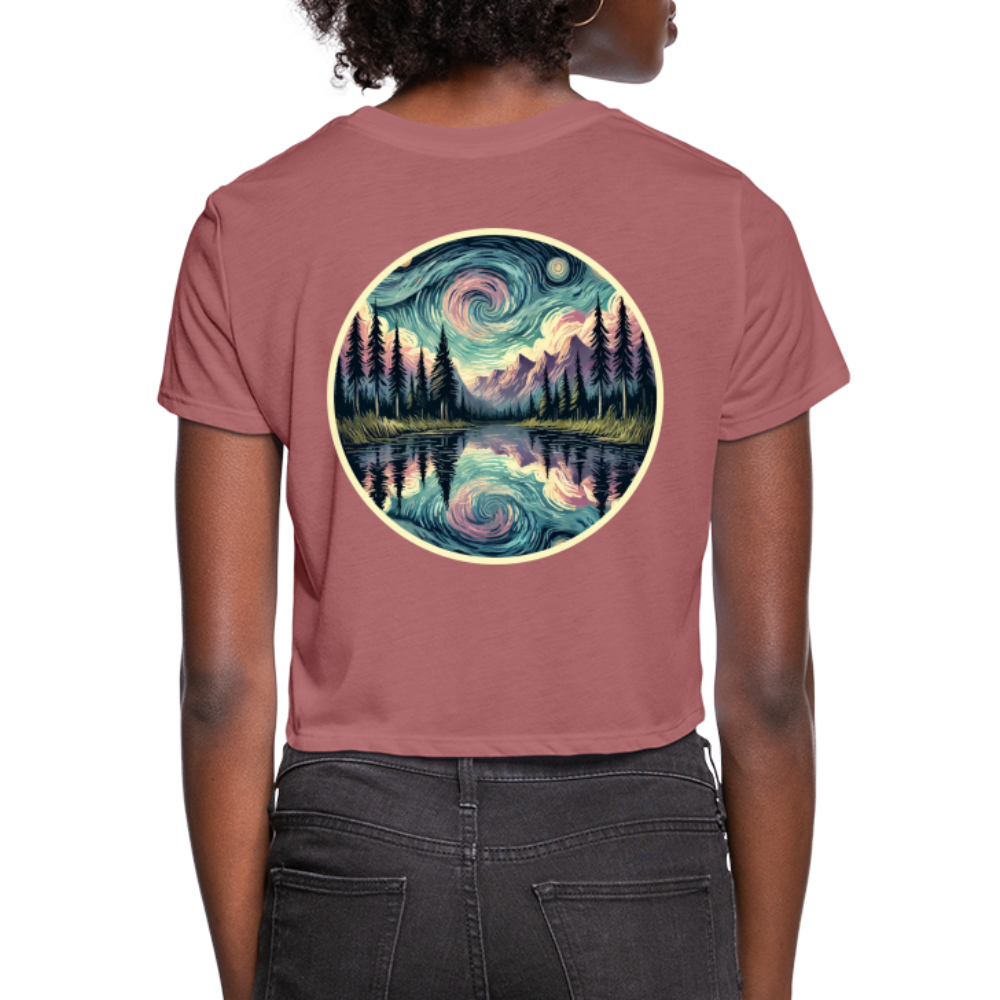 Women's Purple Swirling Sky Reflected on Lake Graphic Cropped T-Shirt with Logo - mauve