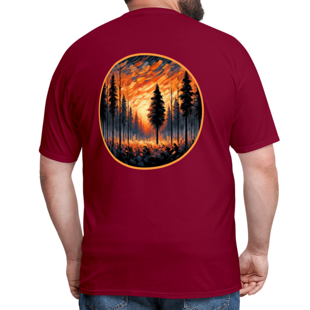 Orange Forest Sunset Unisex Classic T-Shirt with Logo - burgundy