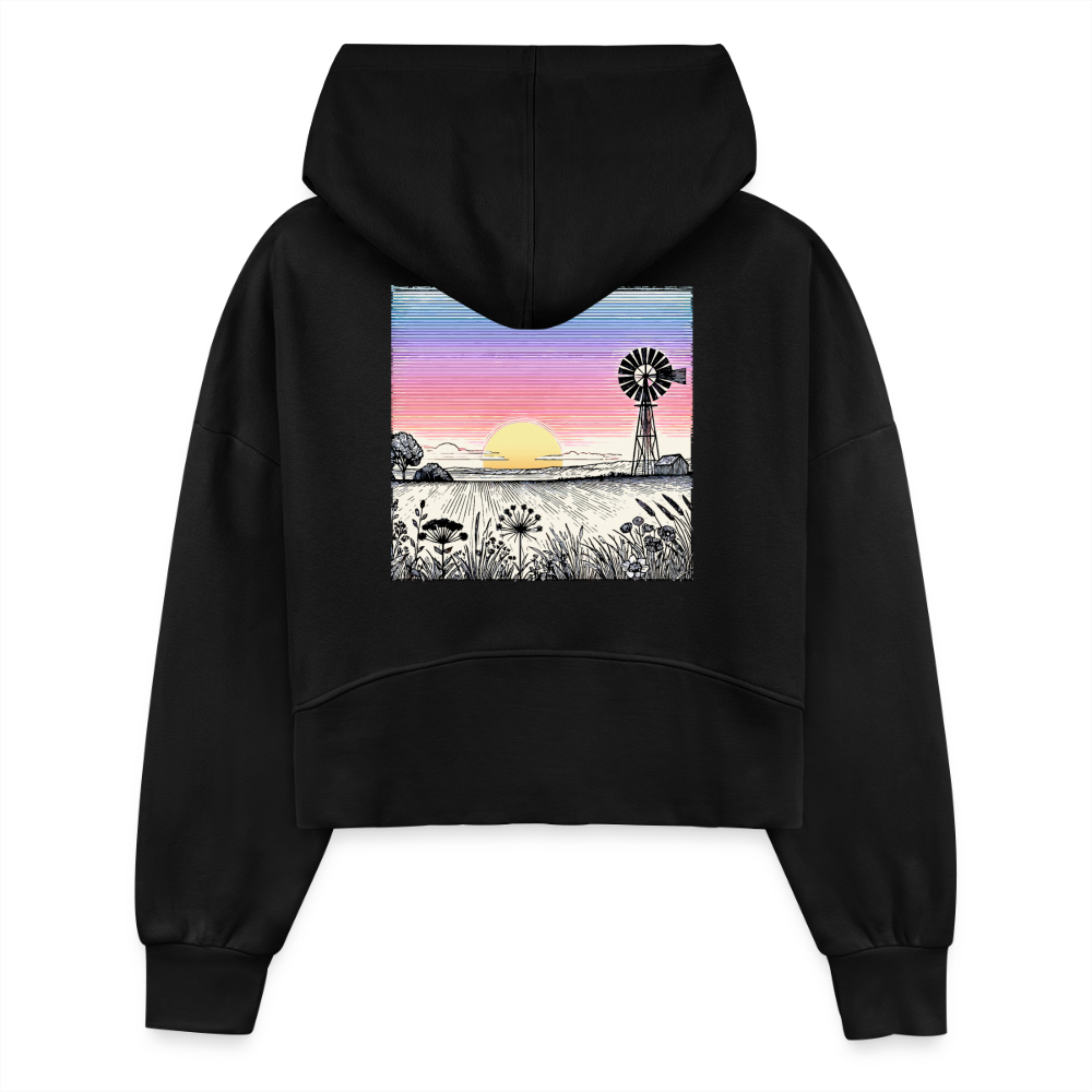 Women's Colored Prairie Landscape Graphic Half Zip Cropped Hoodie with Logo - black