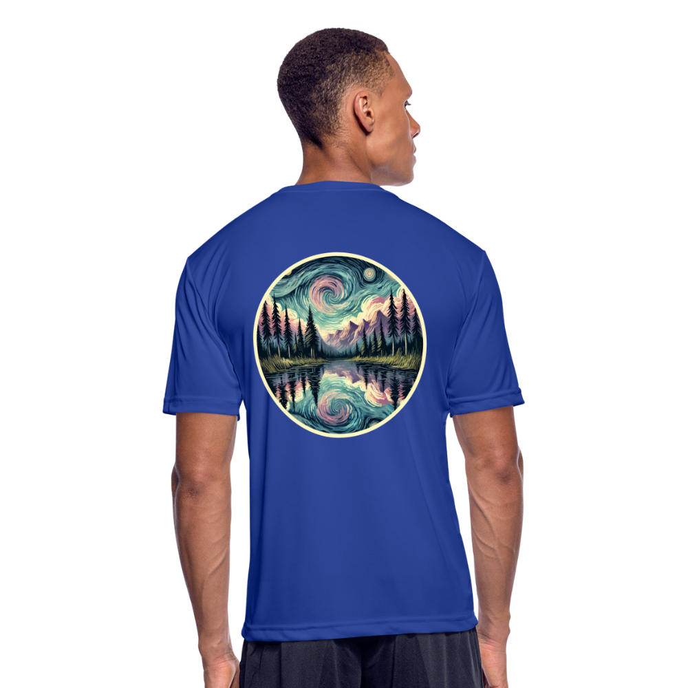 Men’s Purple Swirling Sky Reflected on Lake Graphic Moisture Wicking Performance T-Shirt with Logo - royal blue