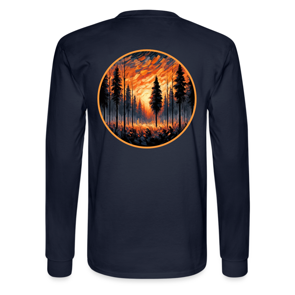 Men's Orange Forest Sunset Graphic Long Sleeve Shirt with Logo - navy