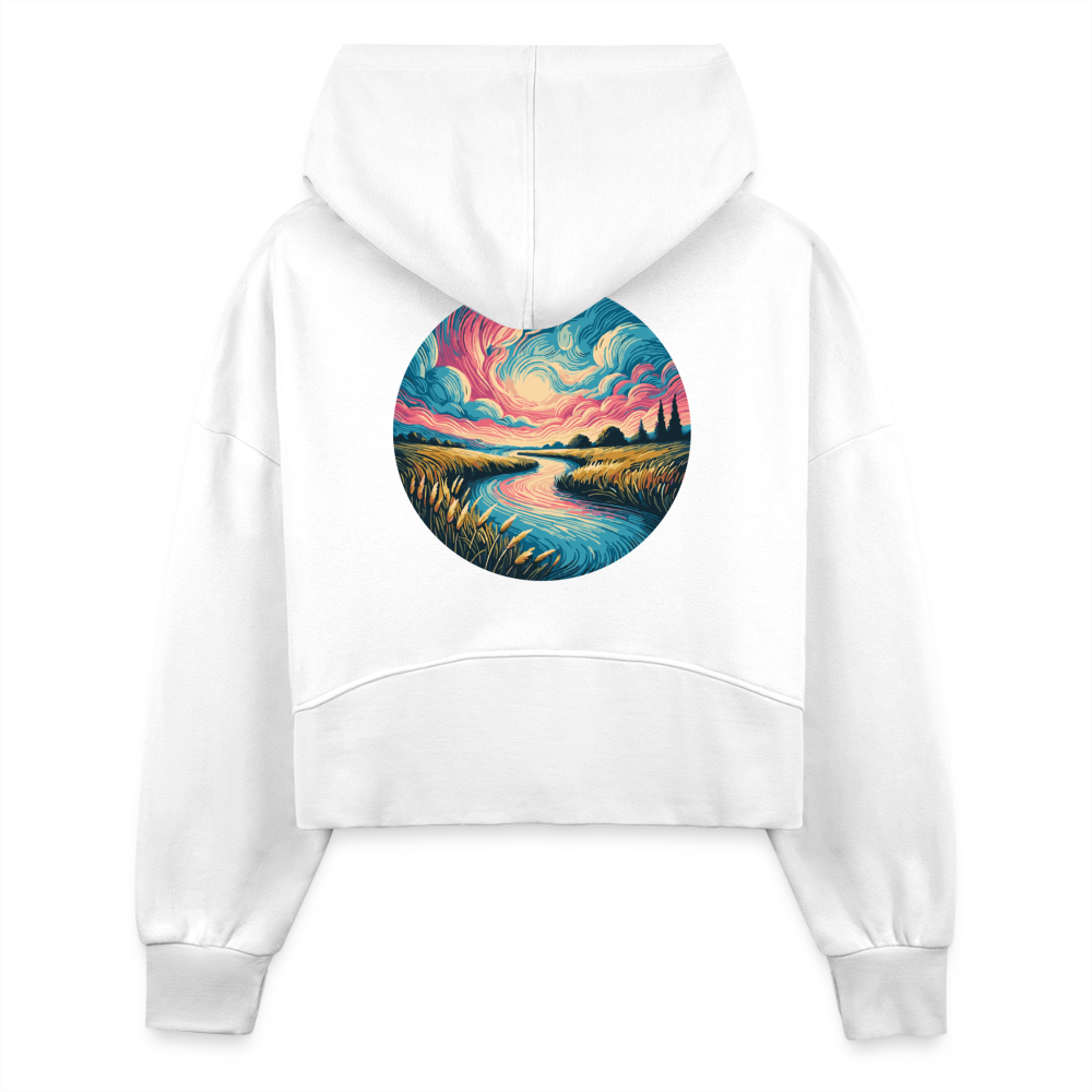 Women's River Pink and Blue Sky Graphic Half Zip Cropped Hoodie with Logo - white