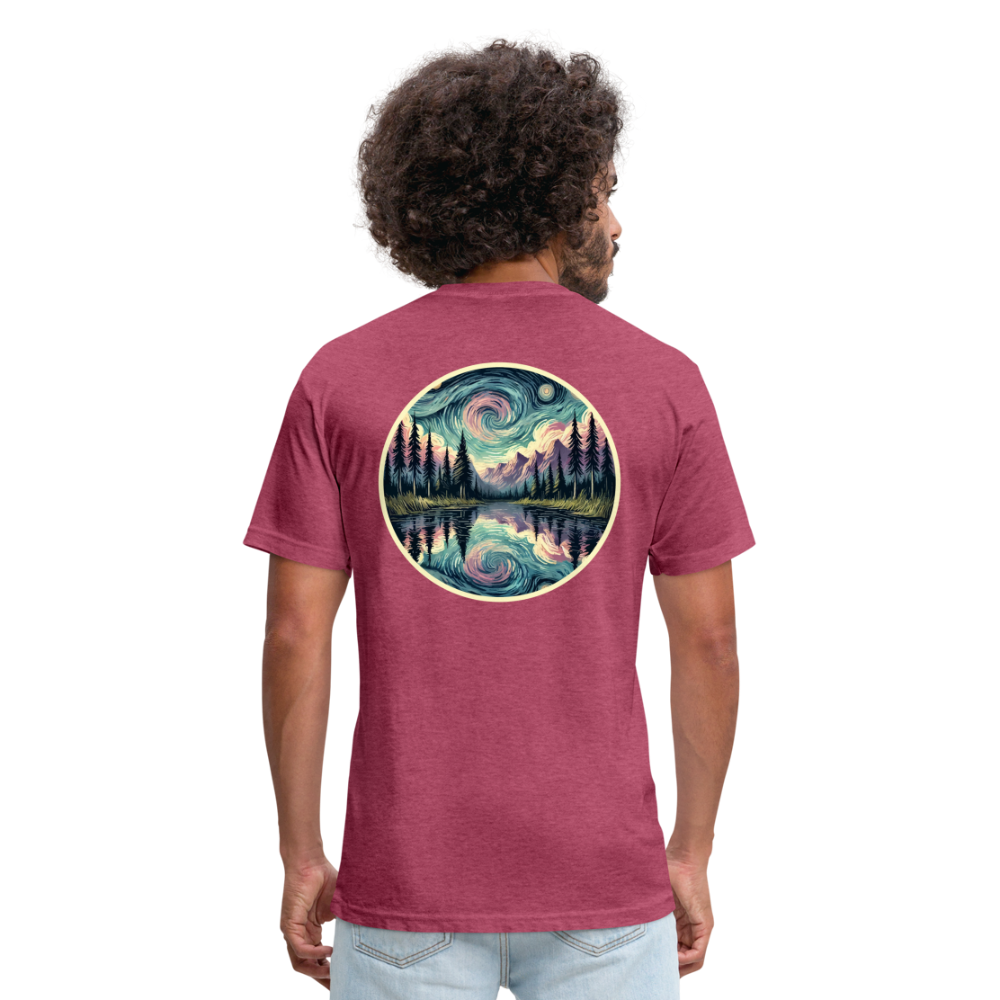 Purple Swirling Sky Reflected on Lake Graphic Unisex Fitted Cotton/Poly T-Shirt with Logo - heather burgundy