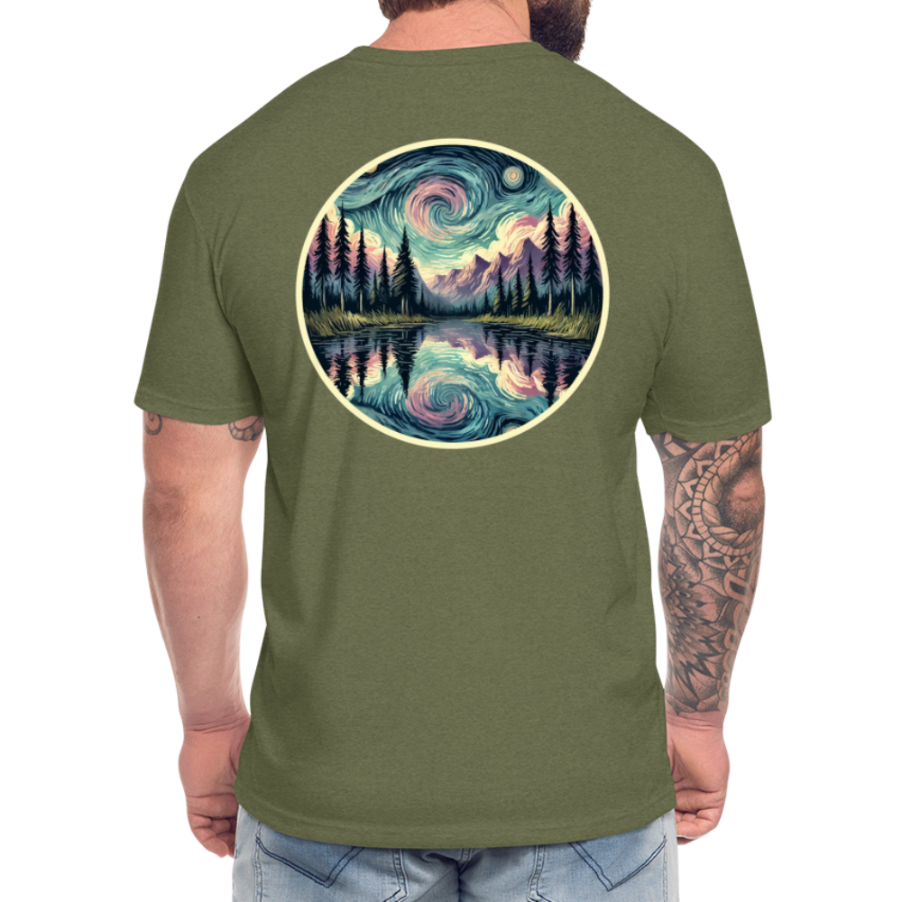 Purple Swirling Sky Reflected on Lake Graphic Unisex Fitted Cotton/Poly T-Shirt with Logo - heather military green