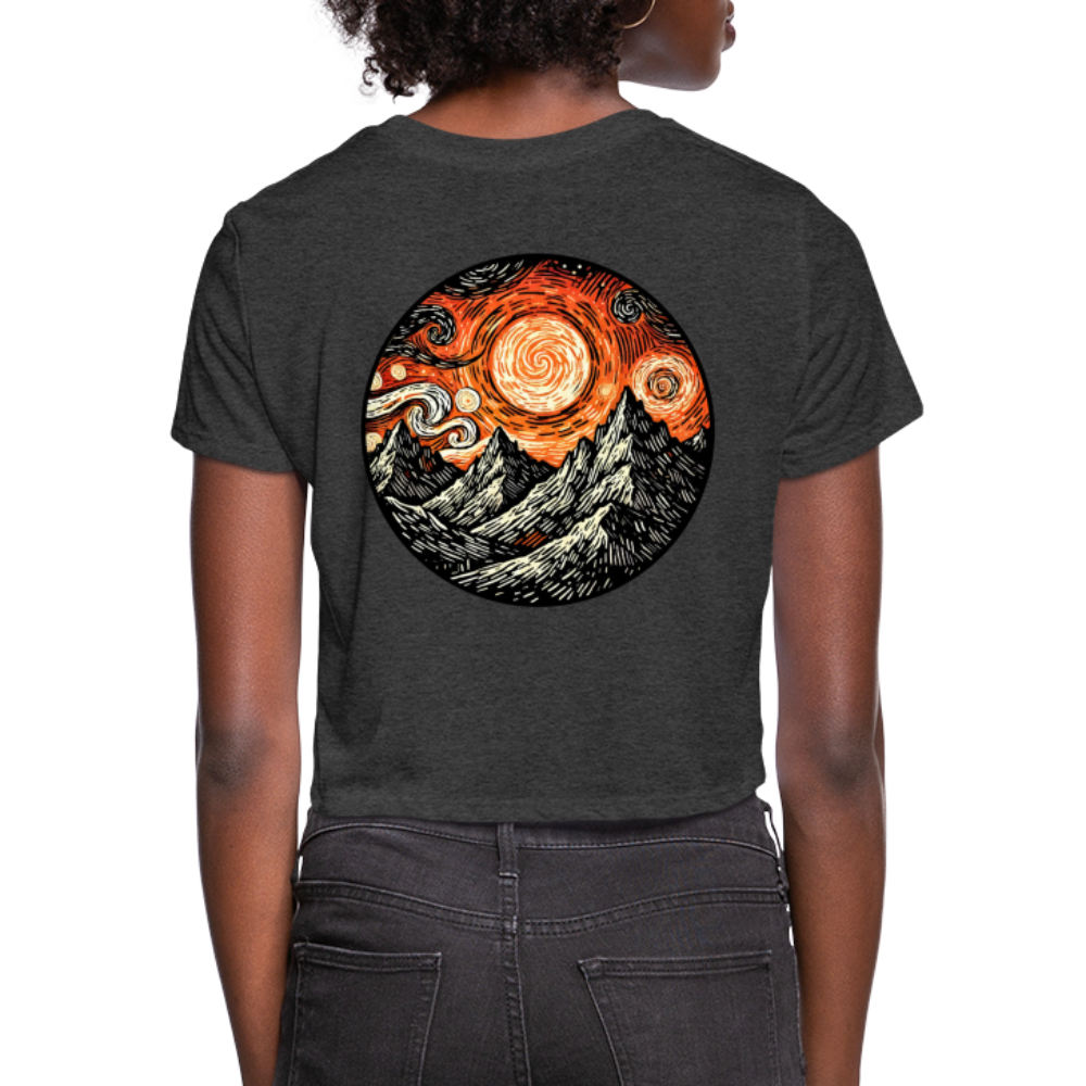 Women's Orange Swirling Mountains Graphic Cropped T-Shirt with Logo - deep heather