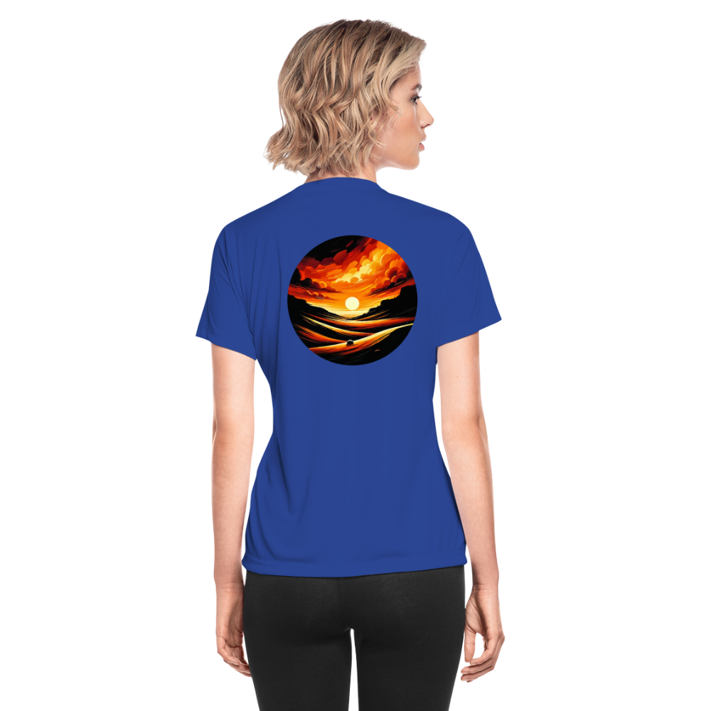 Women's Desert Sunset Graphic Moisture Wicking Performance T-Shirt with Logo - royal blue