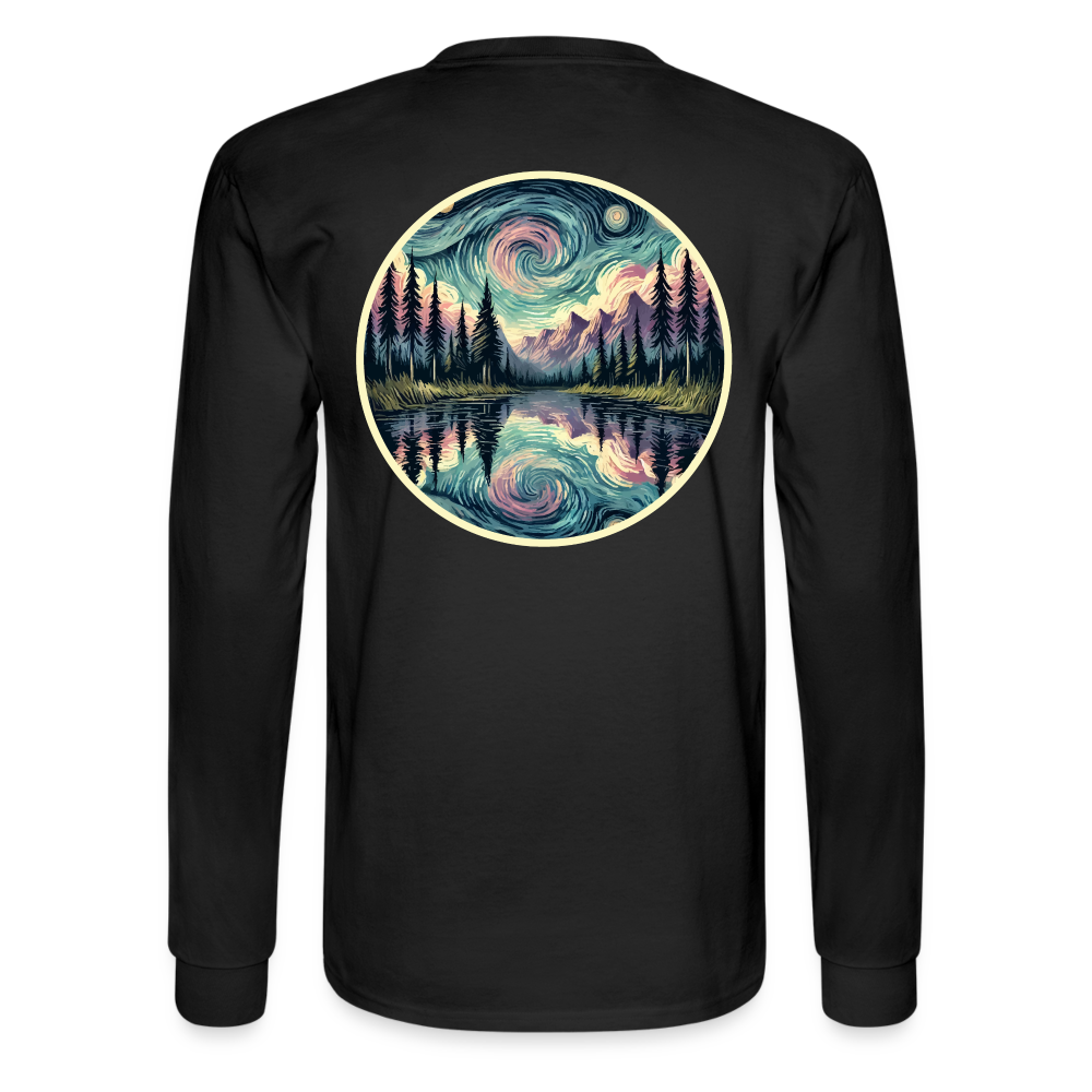 Men's Purple Swirling Sky Reflected on Lake Graphic Long Sleeve Shirt with Logo - black