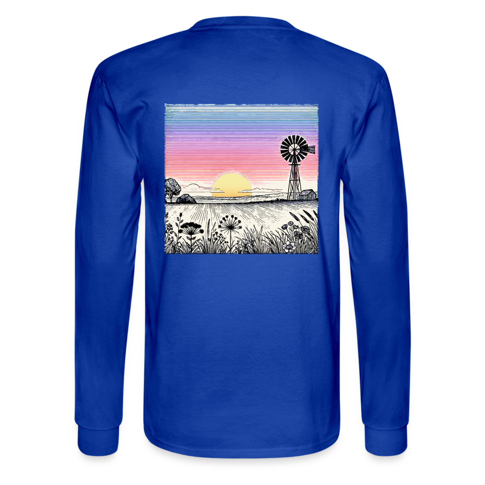 Men's Colored Prairie Landscape Graphic Long Sleeve Shirt with Logo - royal blue