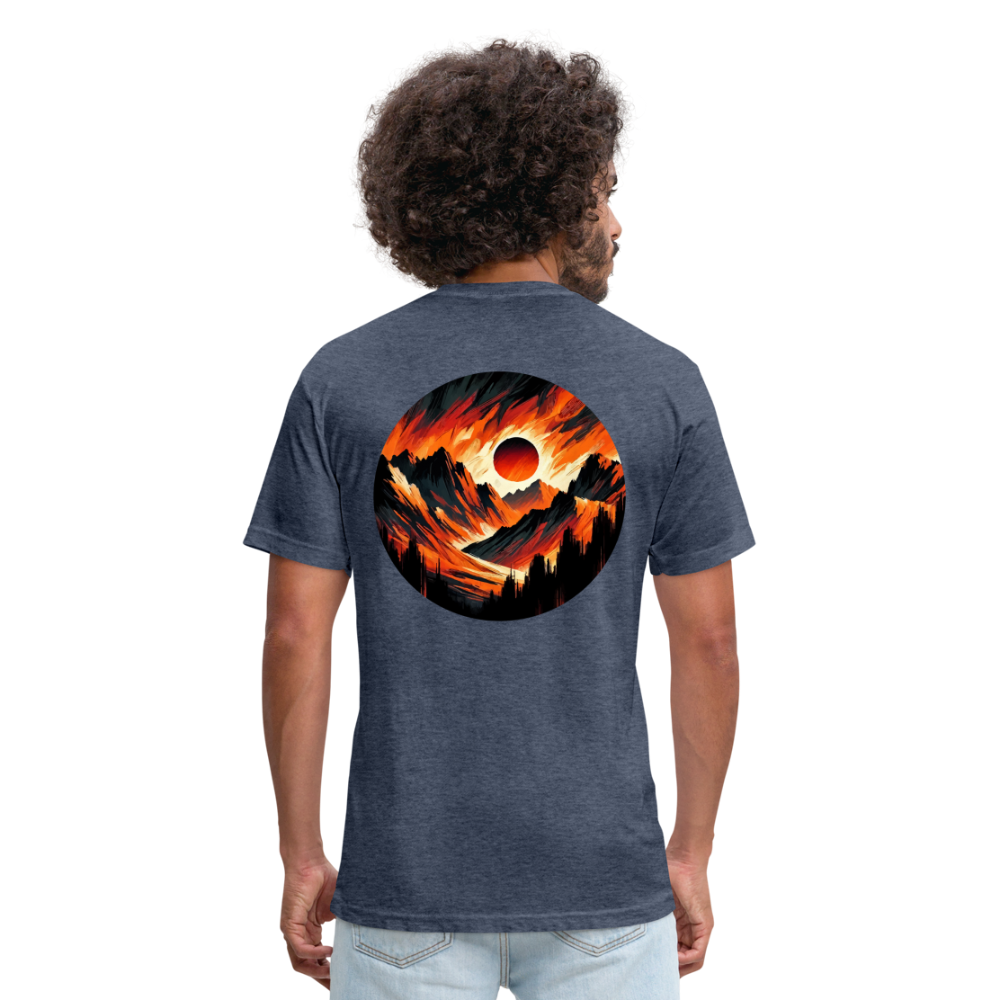 Orange and Black Mountain Range Graphic Unisex Fitted Cotton/Poly T-Shirt with Logo - heather navy