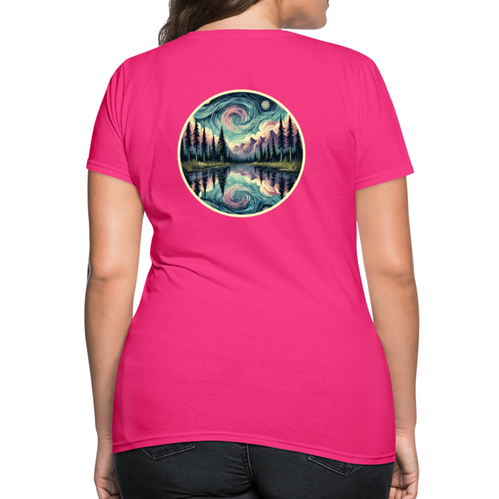 Women's Purple Swirling Sky Reflected on Lake Graphic T-Shirt with Logo - fuchsia