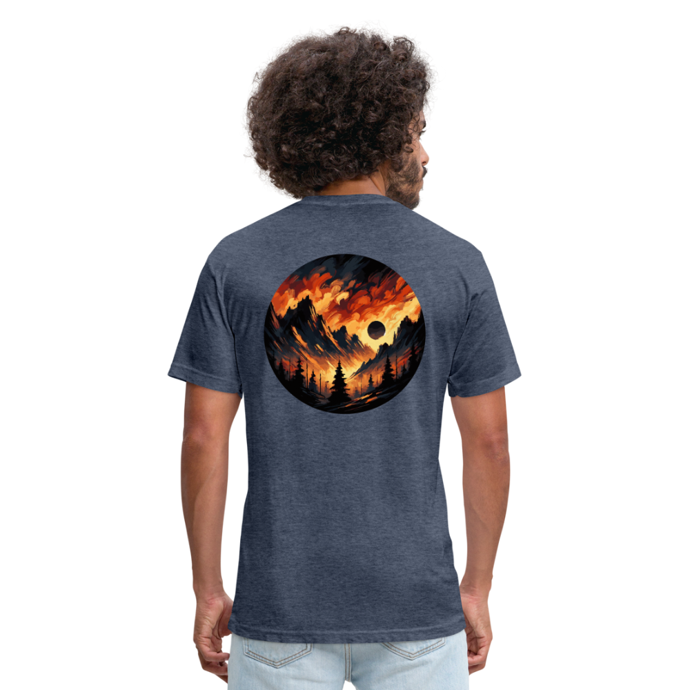 Brushed Orange and Black Mountain Range Graphic Unisex Fitted Cotton/Poly T-Shirt with Logo - heather navy