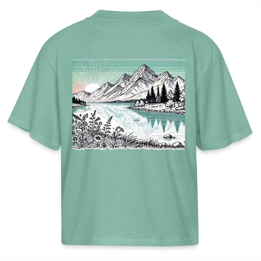 Women's Colored Mountain Lake Landscape Graphic Boxy Tee with Logo - saltwater