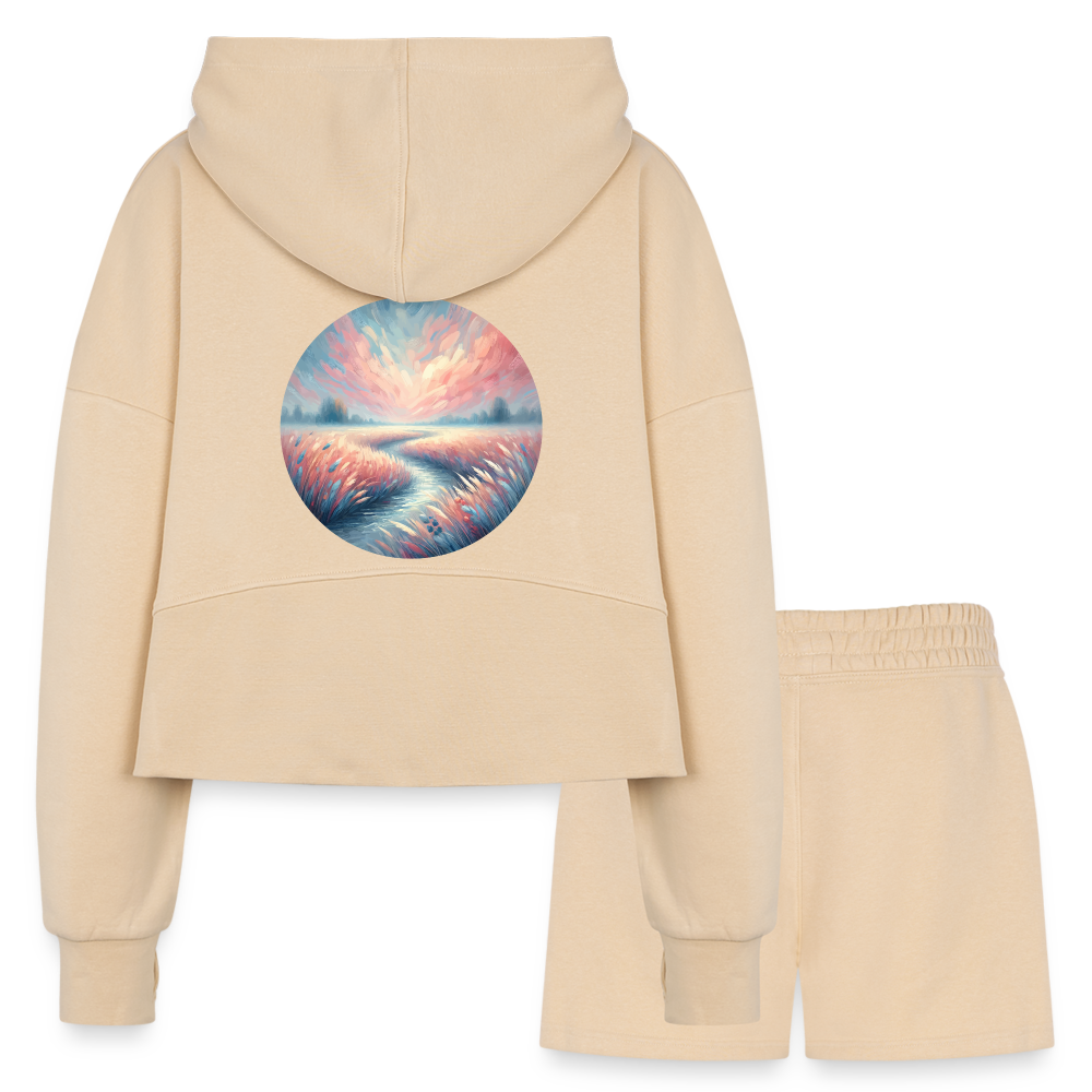 Women’s River Meadow Graphic Half Zip Cropped Hoodie & Jogger Short Set with Logo - nude