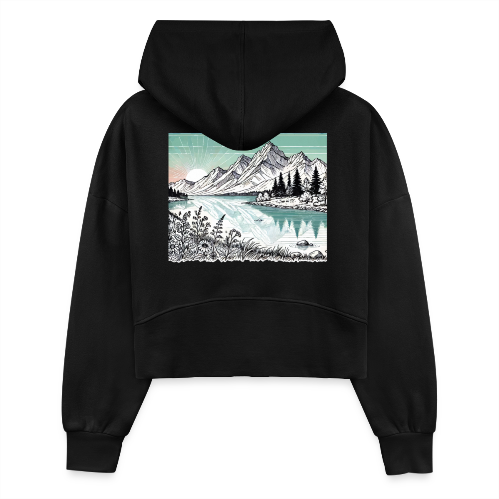 Women's Colored Mountain Lake Landscape Graphic Half Zip Cropped Hoodie with Logo - black