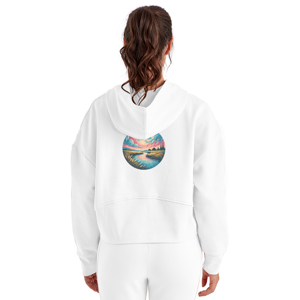 Women's River Pink and Blue Sky Graphic Half Zip Cropped Hoodie with Logo - white