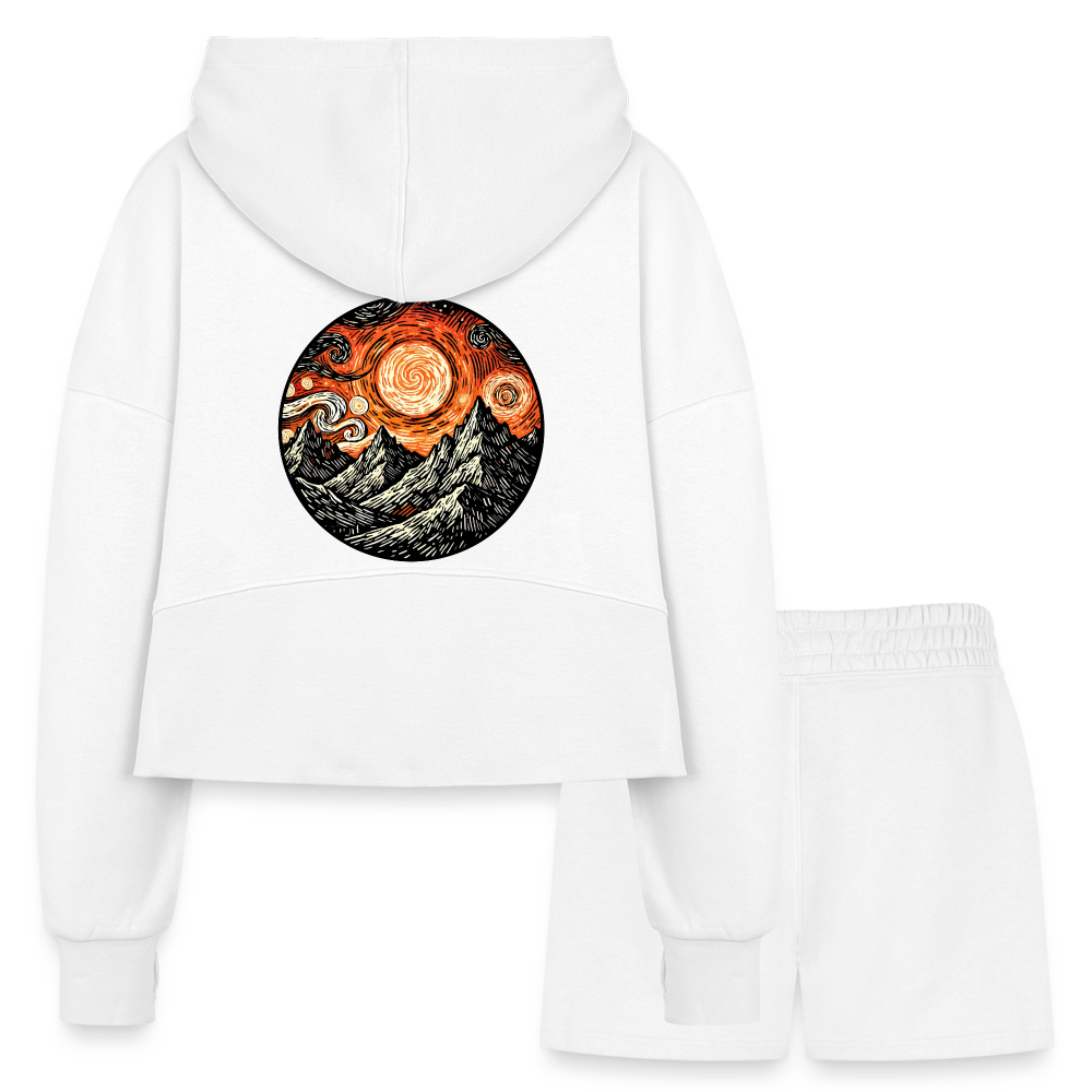 Women’s Orange Swirling Mountains Graphic Half Zip Cropped Hoodie & Jogger Short Set with Logo - white