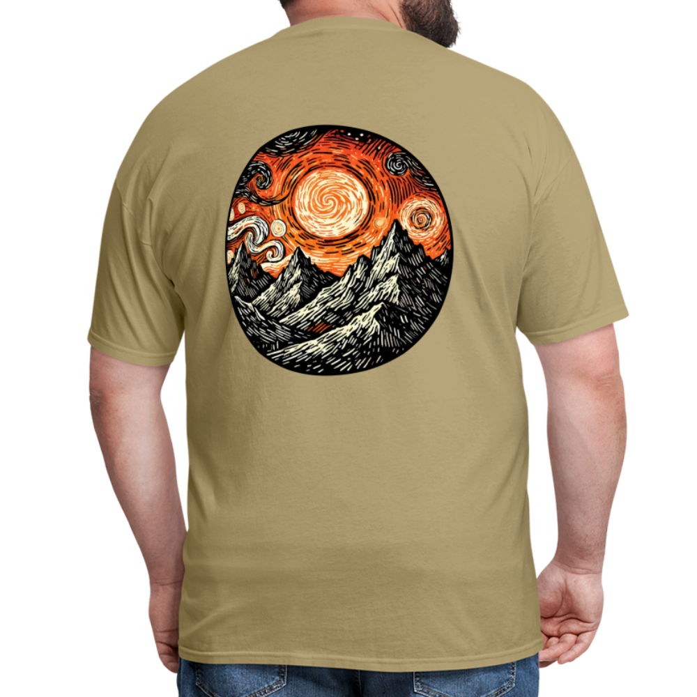 Orange Swirling Mountains Graphic Unisex Classic T-Shirt with Logo - khaki