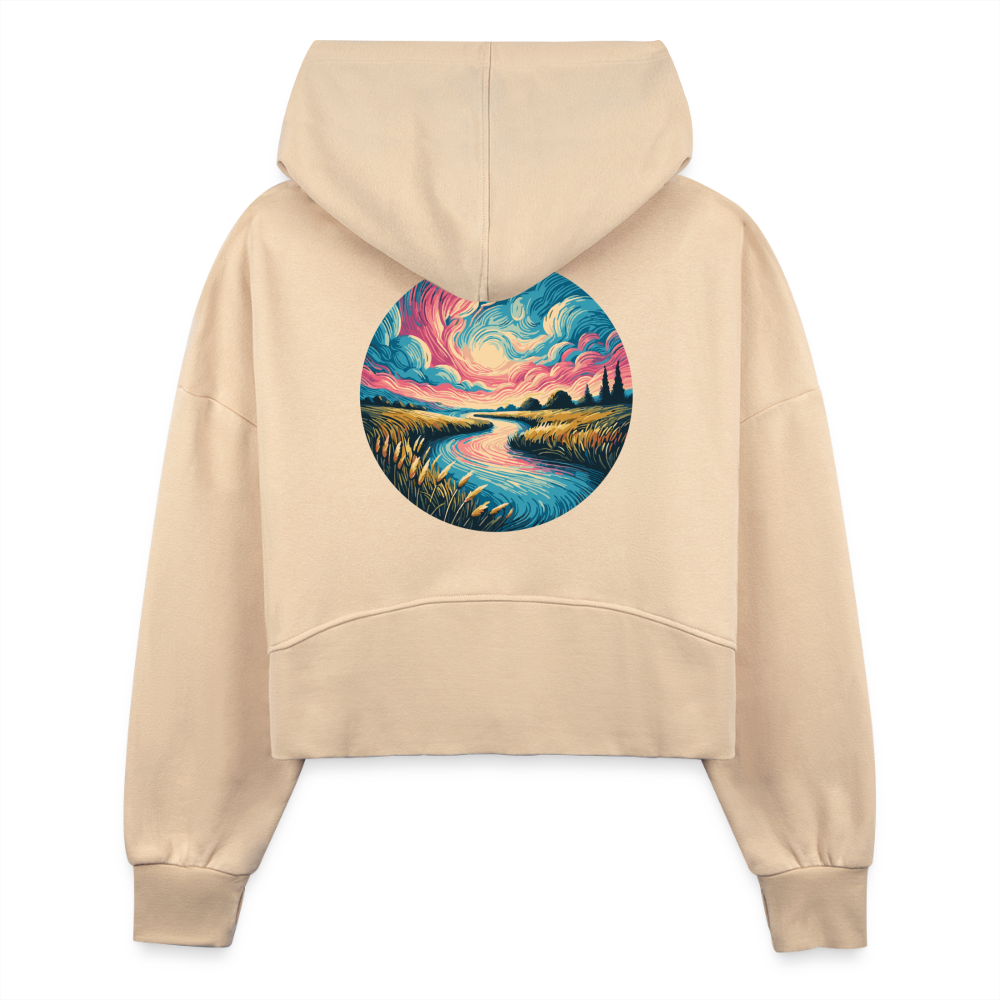 Women's River Pink and Blue Sky Graphic Half Zip Cropped Hoodie with Logo - nude