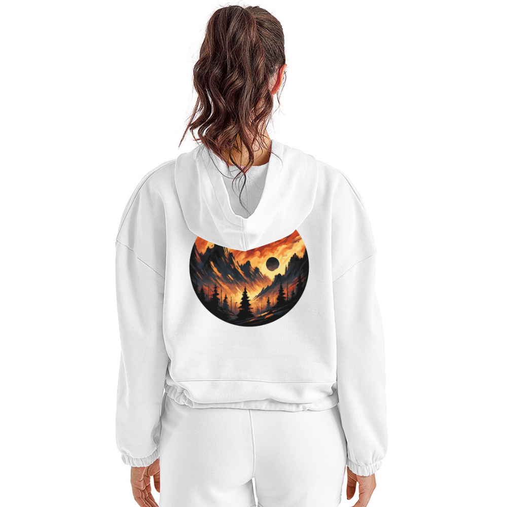 Women’s Brushed Orange and Black Mountain Range Graphic Cropped Hoodie with Logo - white