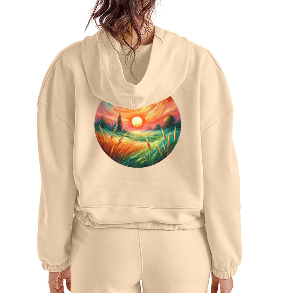 Women’s Pink Wheat Field Graphic Cropped Hoodie with Logo - nude