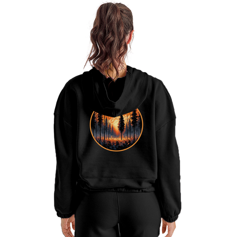 Women’s Orange Forest Sunset Graphic Cropped Hoodie with Logo - black