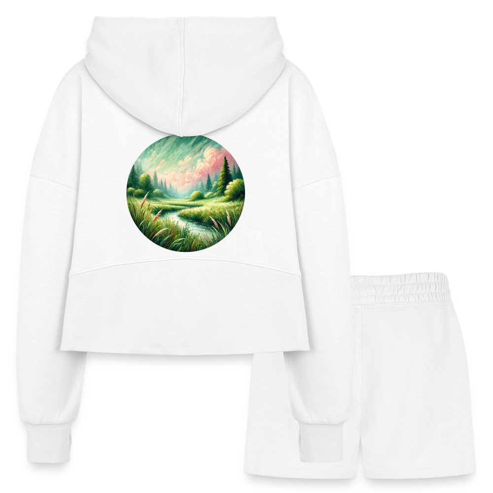 Women’s Meadow Graphic Half Zip Cropped Hoodie & Jogger Short Set with Logo - white