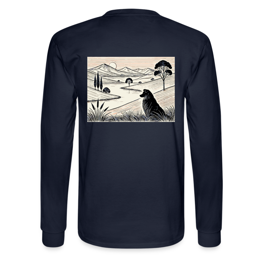 Men's Australian Shepherd Prairie Graphic Long Sleeve Shirt with Logo - navy