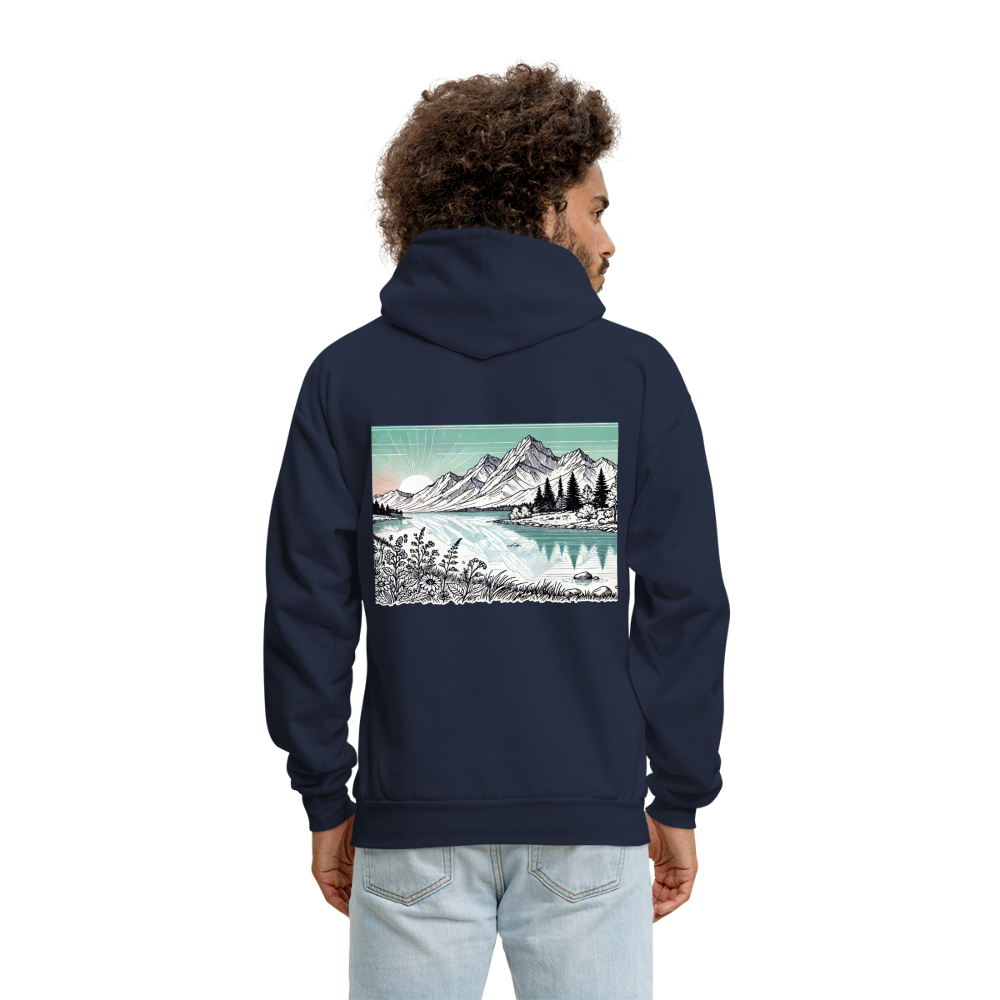 Men's Colored Mountain Lake Landscape Graphic Hoodie with Logo - navy