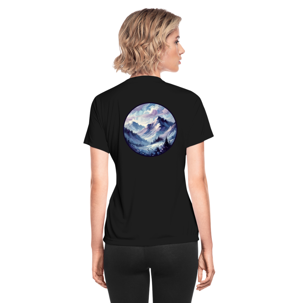 Women's Lavender Blue Mountain Range Graphic Moisture Wicking Performance T-Shirt with Logo - black