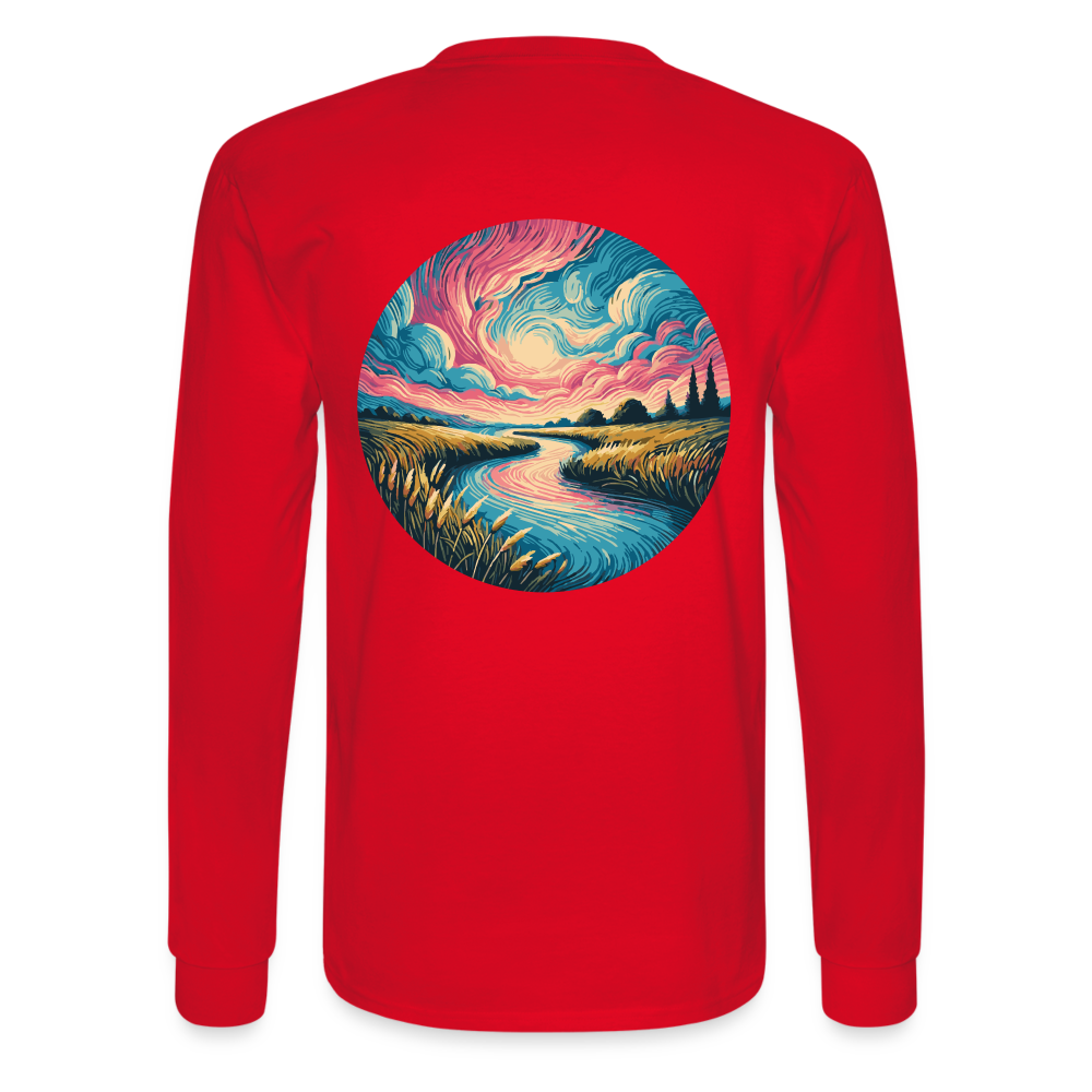 Men's River Pink and Blue Sky Graphic Long Sleeve Shirt with Logo - red