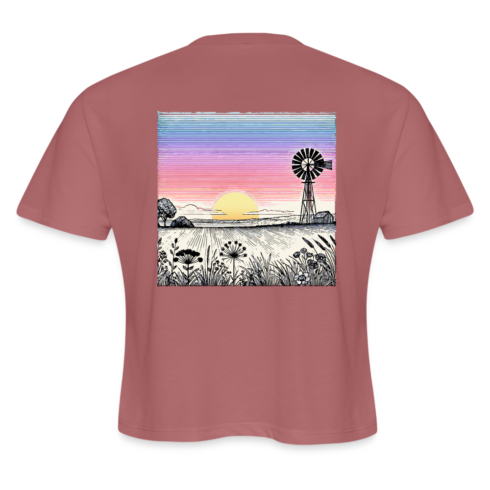 Women's Colored Prairie Landscape Graphic Cropped T-Shirt with Logo - mauve