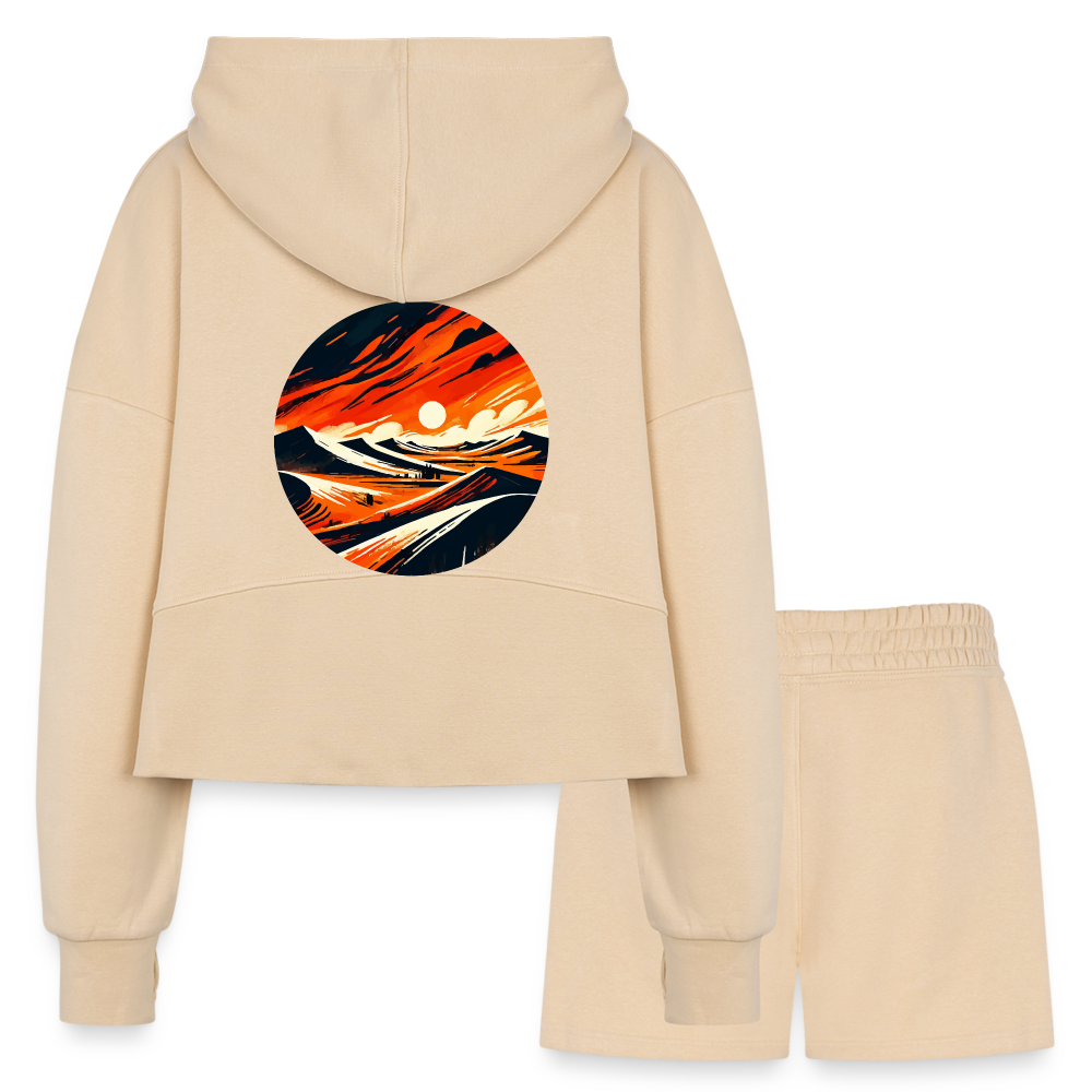 Women’s Desert Dunes Graphic Half Zip Cropped Hoodie & Jogger Short Set with Logo - nude