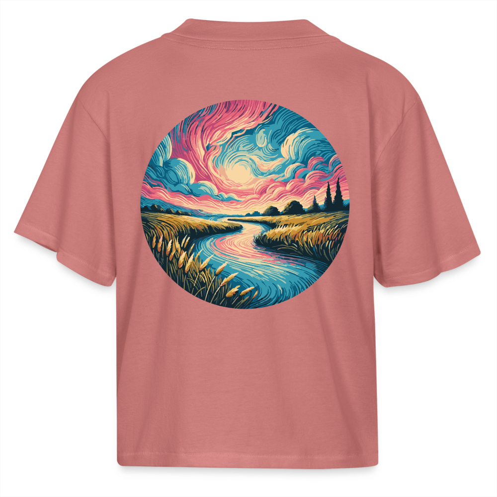 Women's River Pink and Blue Sky Graphic Boxy Tee with Logo - mauve