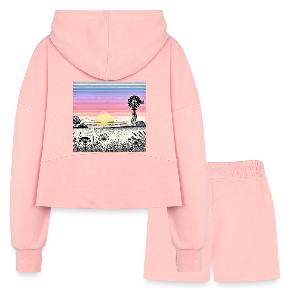 Women’s Colored Prairie Landscape Graphic Half Zip Cropped Hoodie & Jogger Short Set with Logo - light pink