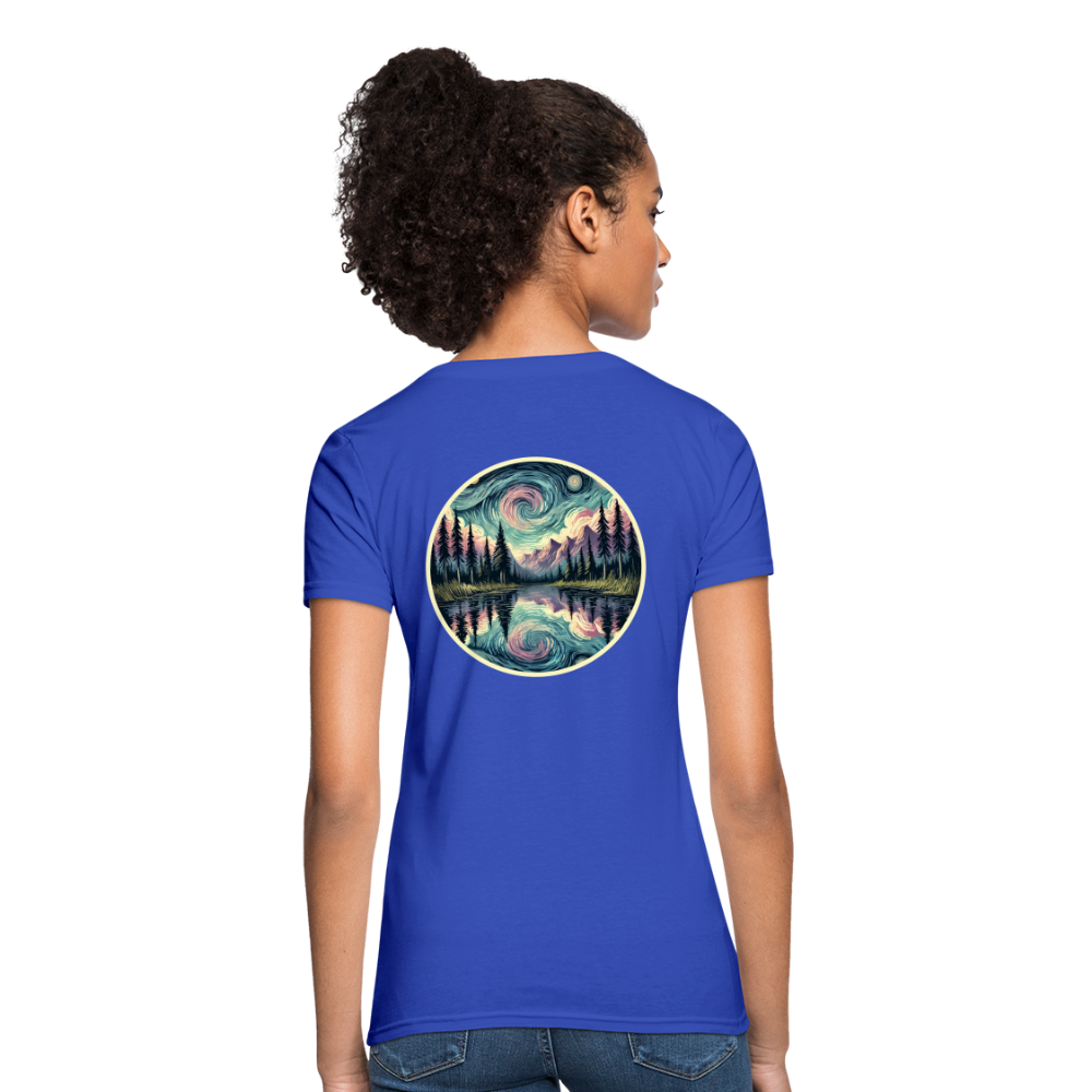 Women's Purple Swirling Sky Reflected on Lake Graphic T-Shirt with Logo - royal blue