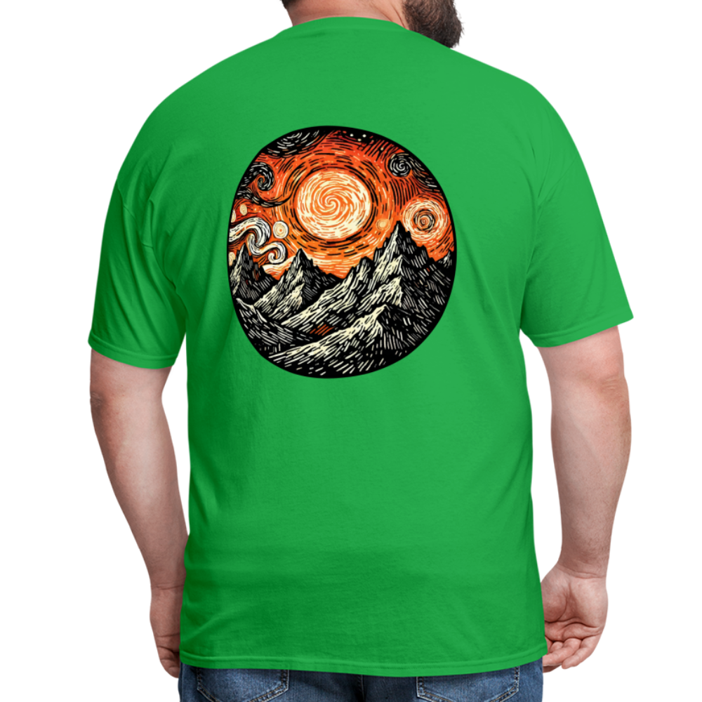 Orange Swirling Mountains Graphic Unisex Classic T-Shirt with Logo - bright green