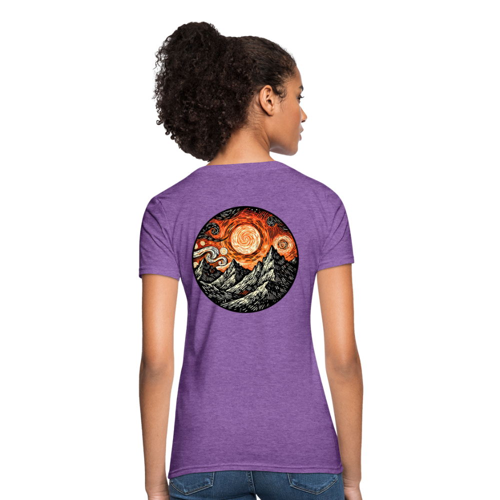 Women's Orange Swirling Mountains Graphic T-Shirt with Logo - purple heather