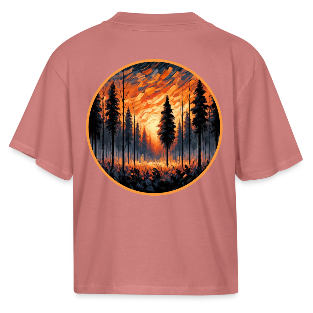 Women's Orange Forest Sunset Graphic Boxy Tee with Logo - mauve