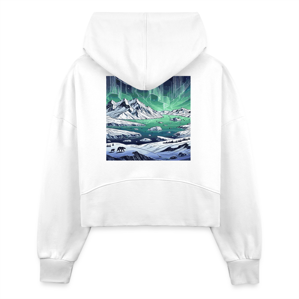 Women's Colored Northern Lights Arctic Landscape Graphic Half Zip Cropped Hoodie with Logo - white