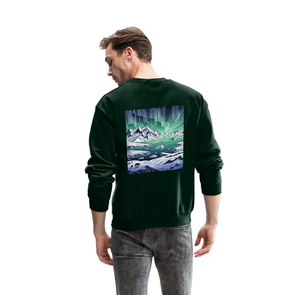 Colored Northern Lights Arctic Landscape Graphic Crewneck Sweatshirt with Logo - forest green