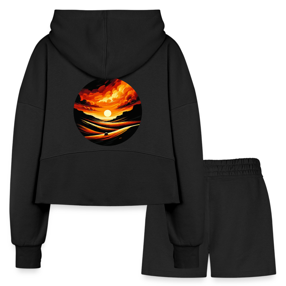 Women’s Desert Sunset Graphic Half Zip Cropped Hoodie & Jogger Short Set with Logo - black