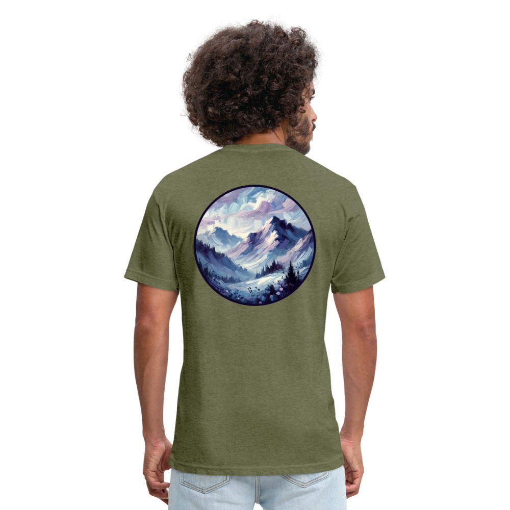 Lavender Blue Mountain Range Graphic Unisex Fitted Cotton/Poly T-Shirt with Logo - heather military green