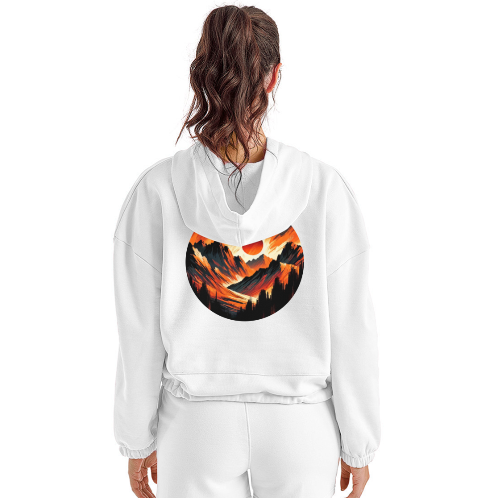 Women’s Orange and Black Mountain Range Graphic Cropped Hoodie with Logo - white